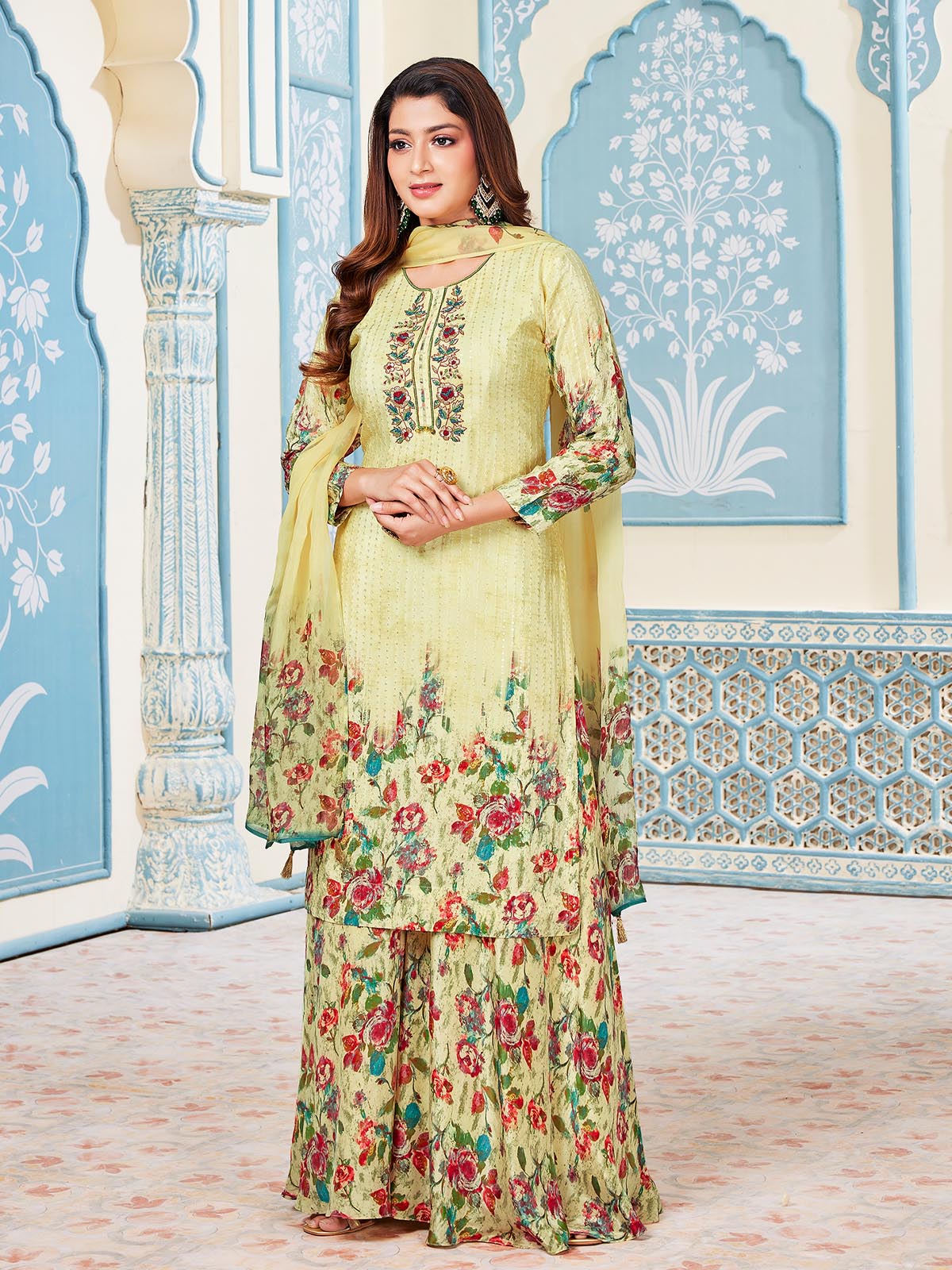 Yellow Printed Kurti Sharara with Sharara main image 1