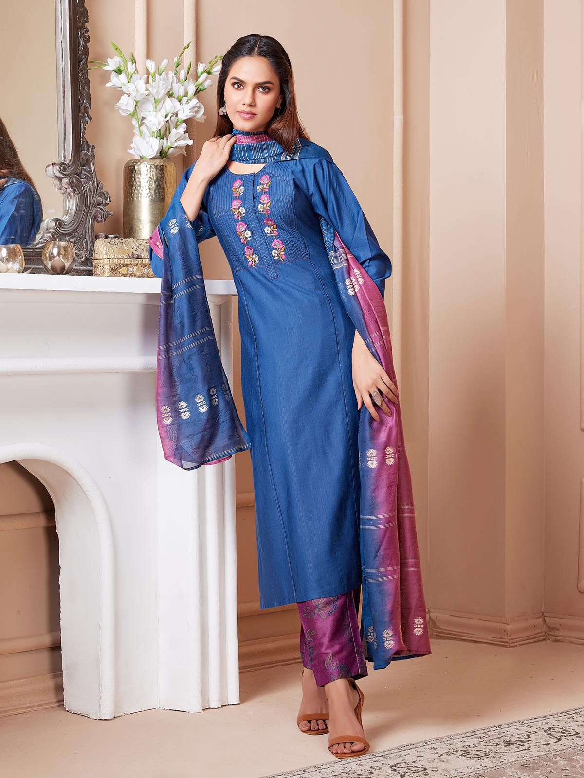 Blue Embroidered Pure Cotton Suit Set