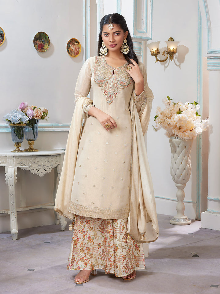 Beige Jacquard Tissue Palazzo Set
