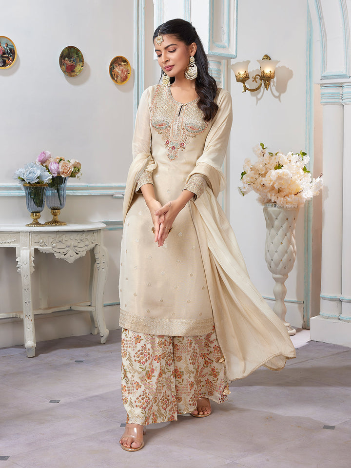 Beige Jacquard Tissue Palazzo Set