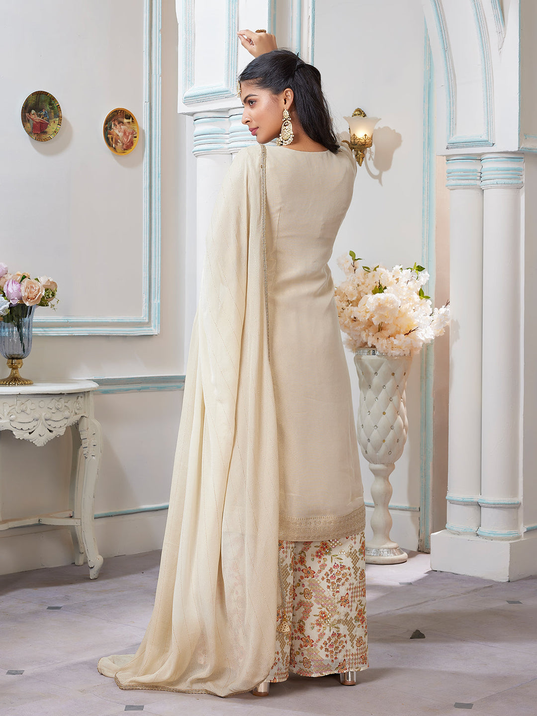 Beige Jacquard Tissue Palazzo Set