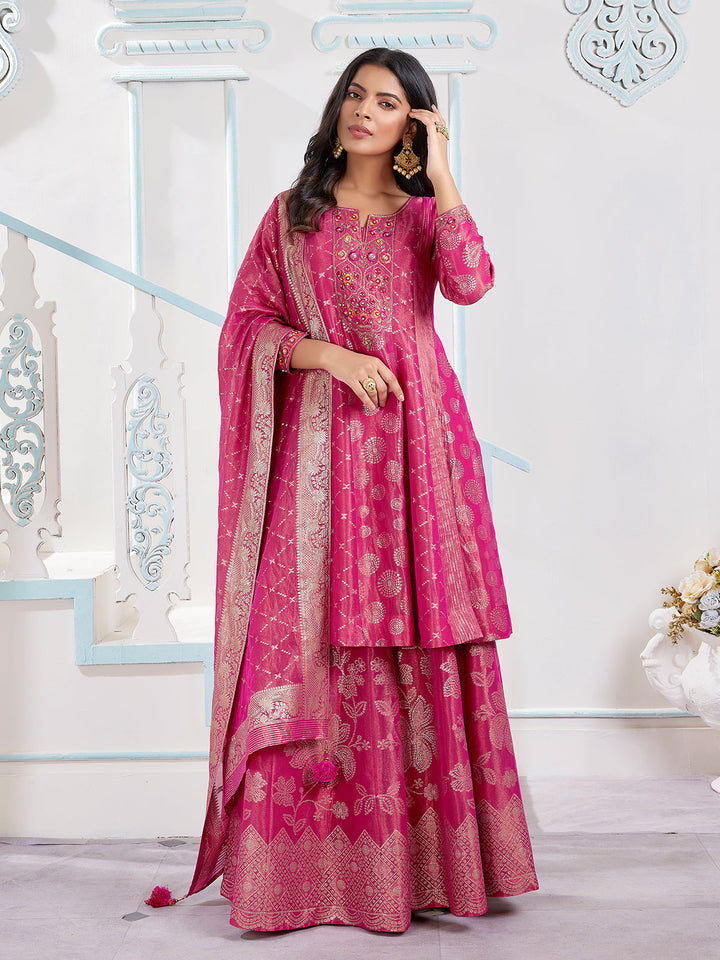 Pink Jacquard Sharara Set