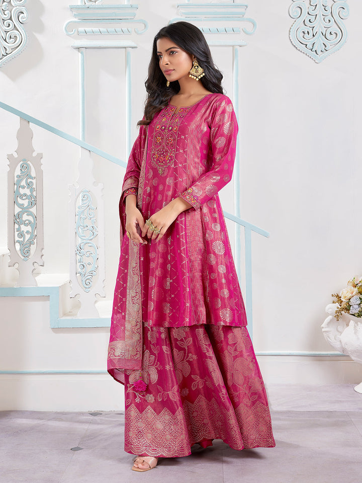 Pink Jacquard Sharara Set