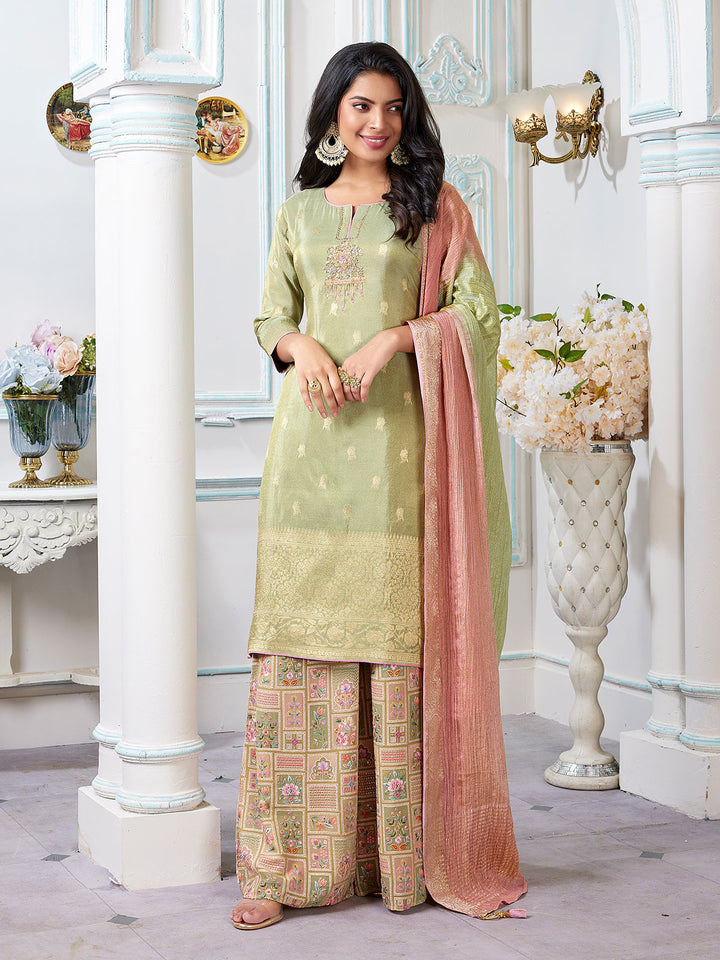 Light Green Floral Jacquard Palazzo Set