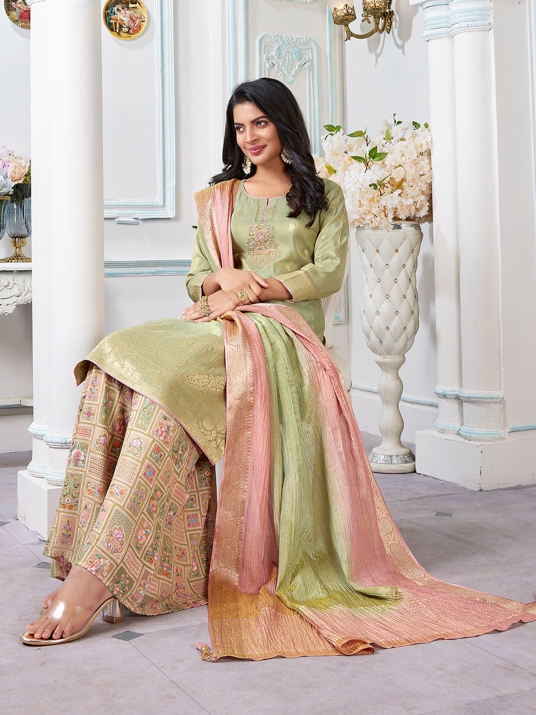 Light Green Floral Jacquard Palazzo Set