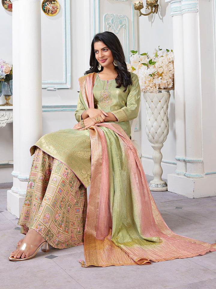Light Green Floral Jacquard Palazzo Set