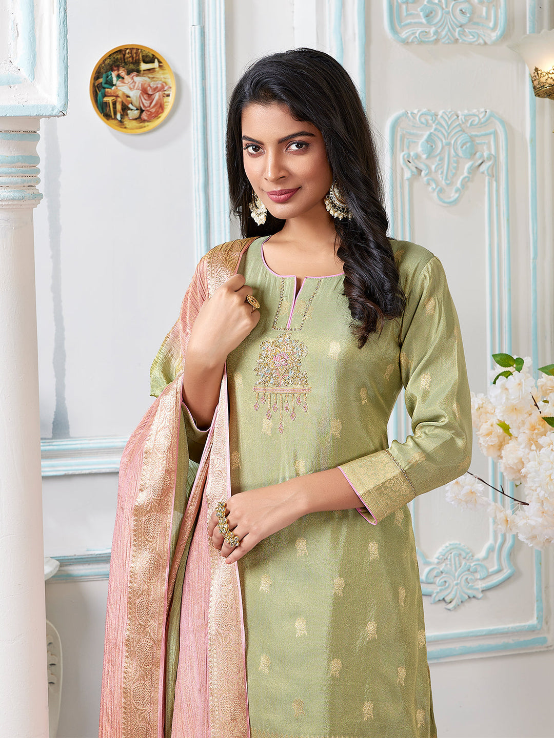 Light Green Floral Jacquard Palazzo Set