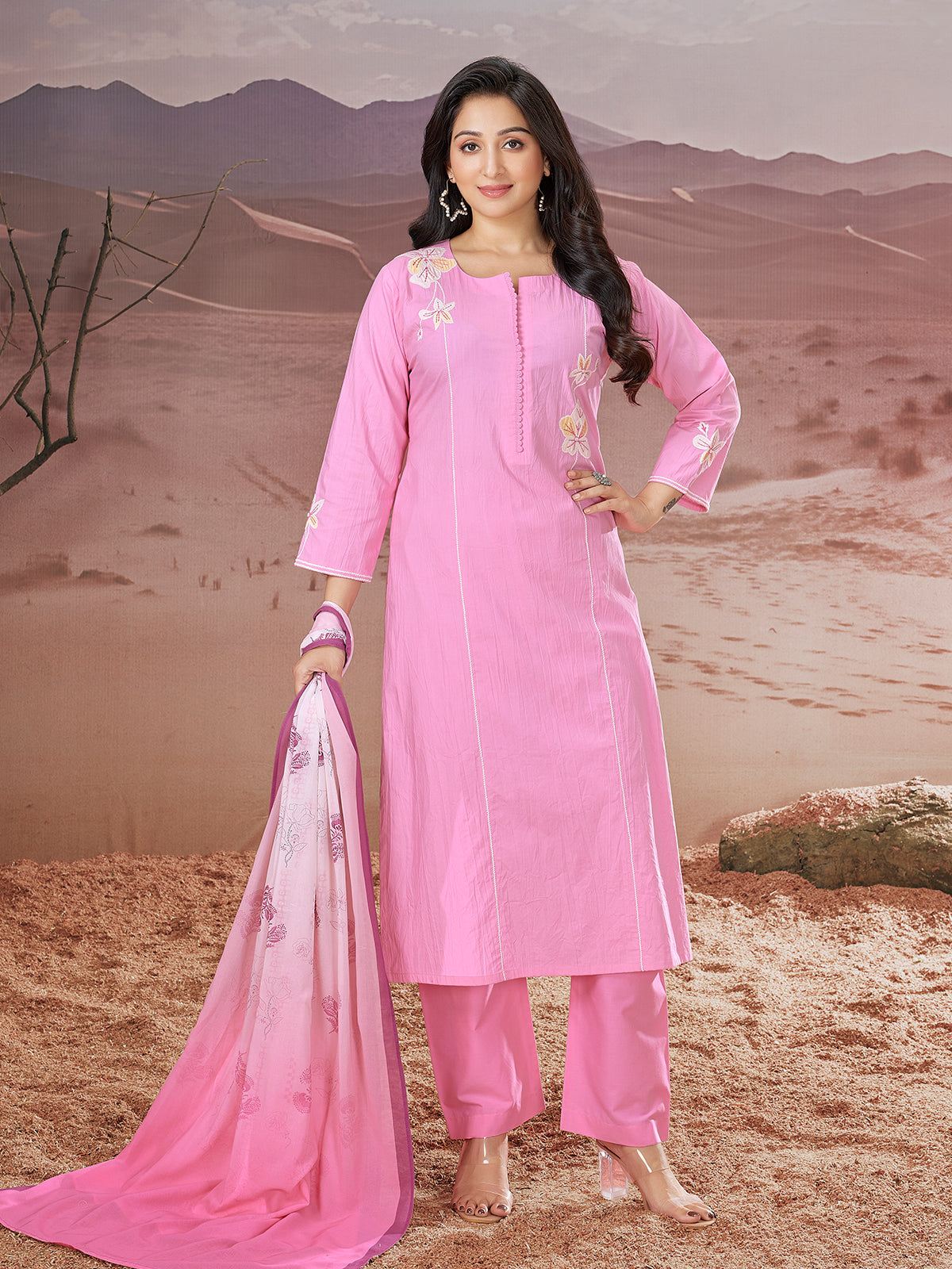 Pink Self Design Polyester Suit Set