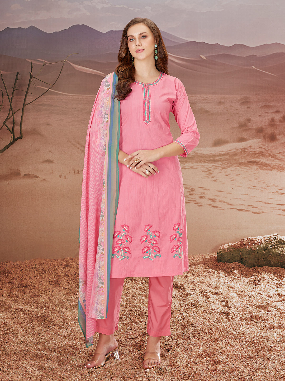 Coral Pink Color Silk Suit Set With Neck Embroidered