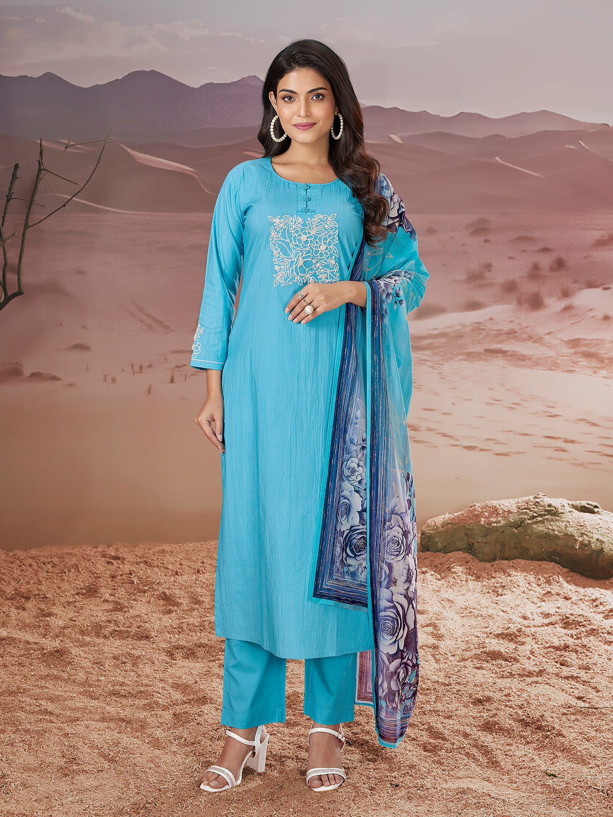 LIME AND BLUE EMBROIDERED SUIT SET main image 0