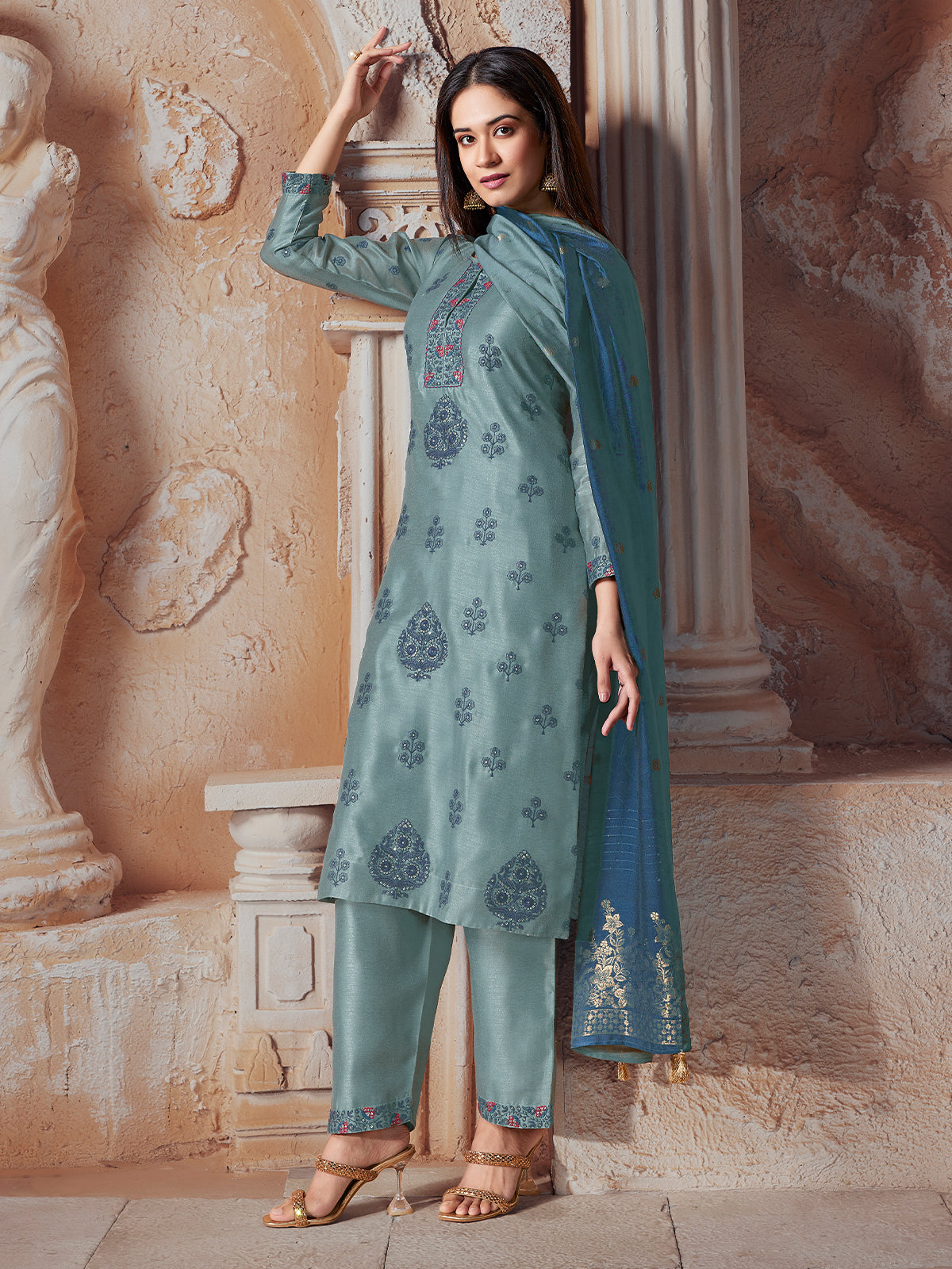 Grey Self Design Silk Suit Set