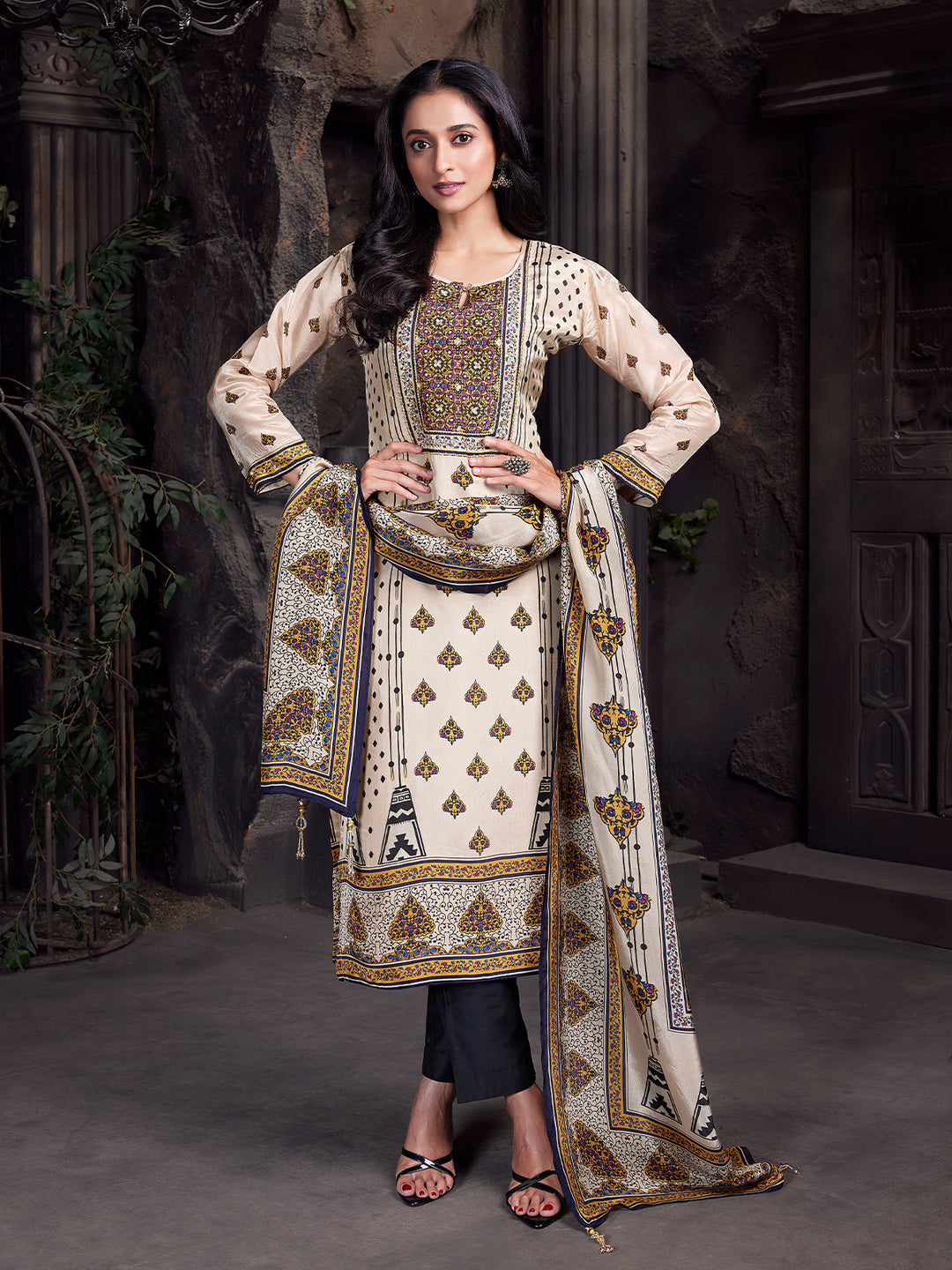 Ivory Floral Crepe Silk Suit Set