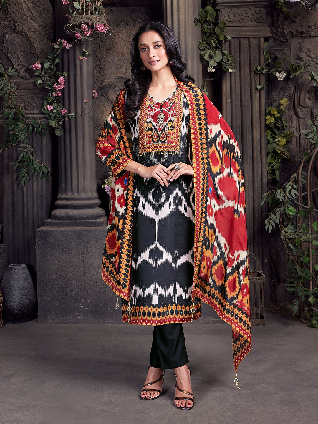 Monochrome Ikat Semi Silk Suit Set