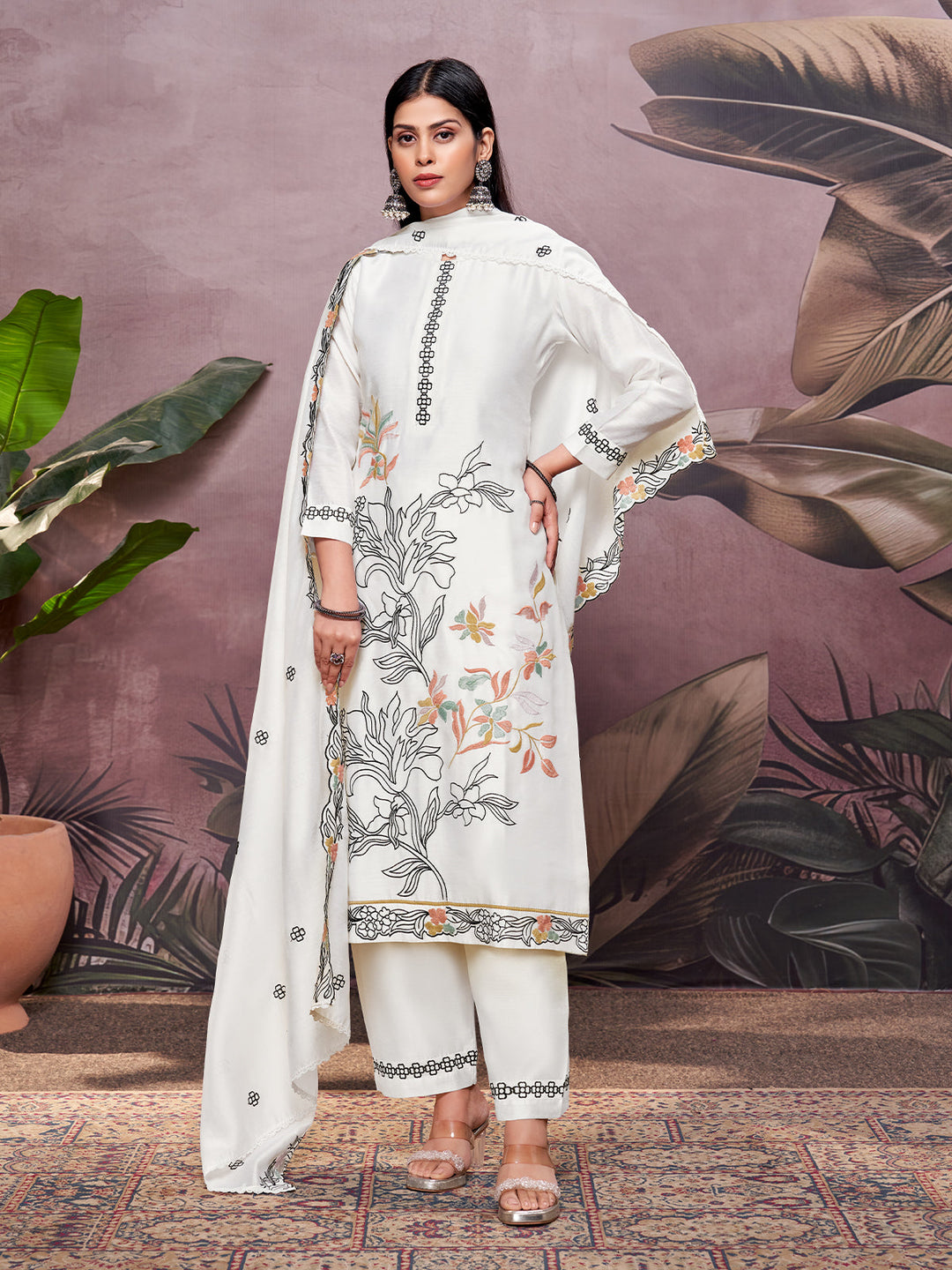 White Semi-Silk Suit Set