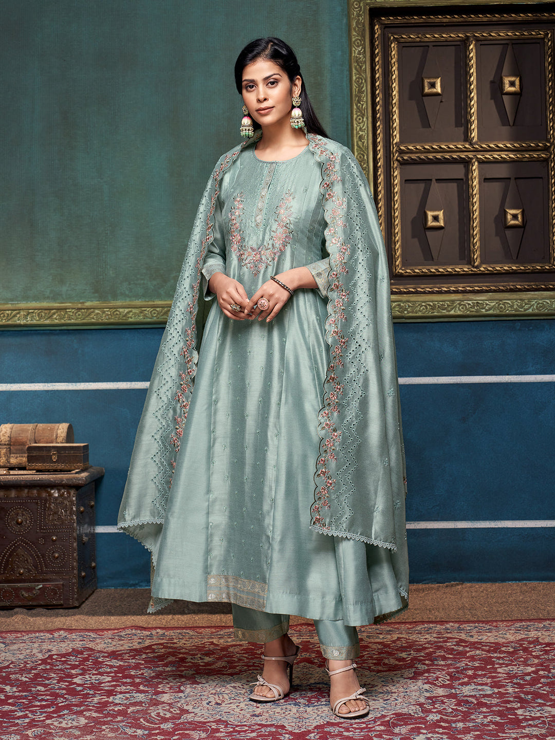 Blue Chanderi Anarkali Set