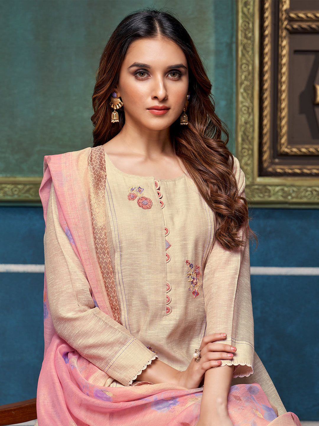 Beige Khadi Anarkali Set