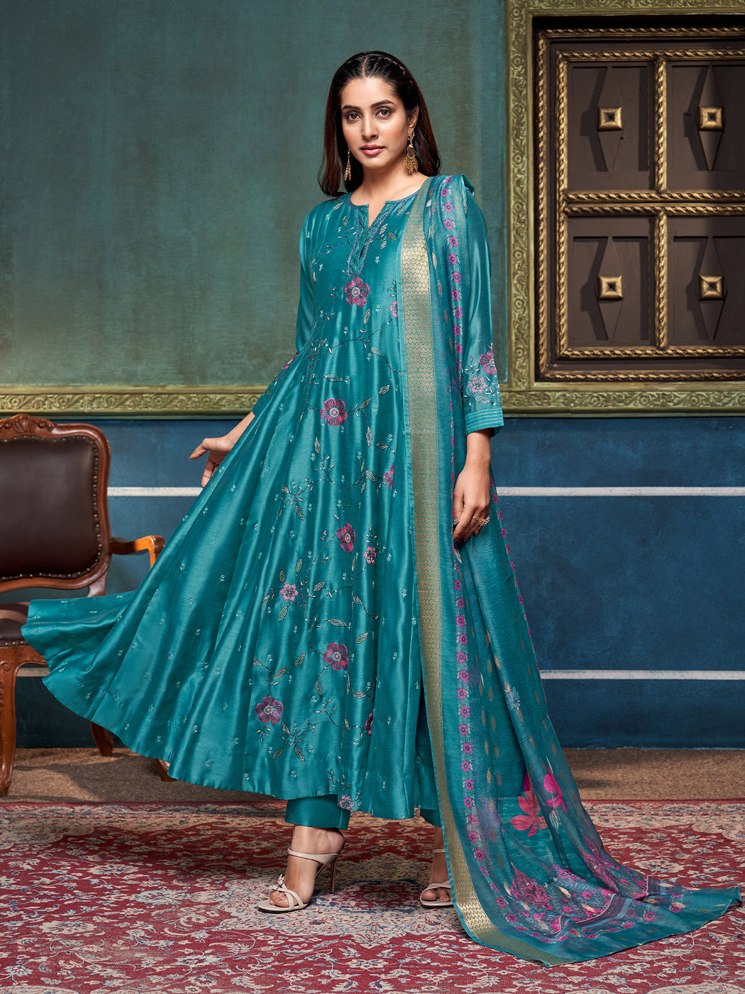 Blue Chanderi Anarkali Set