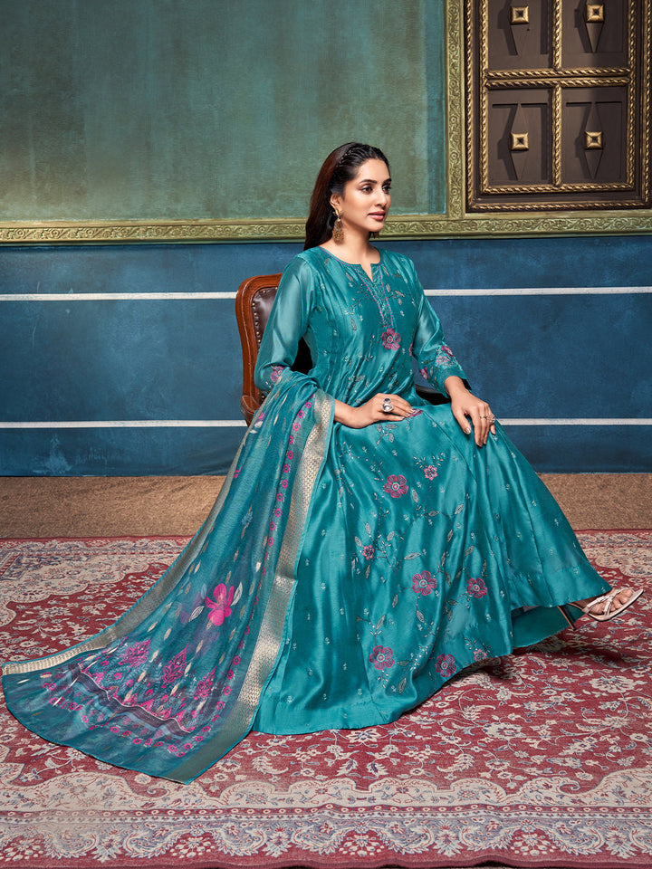 Blue Chanderi Anarkali Set