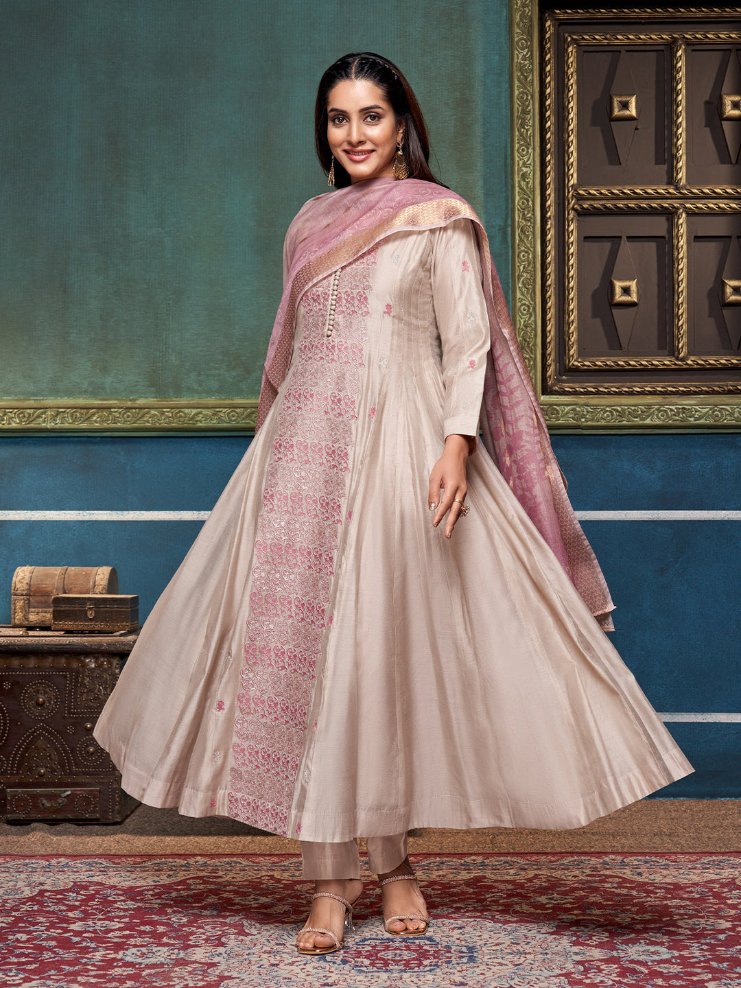 Beige Chanderi Anarkali Set