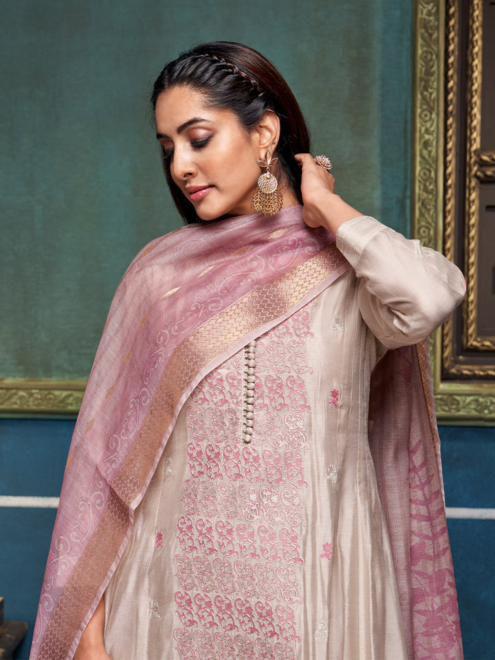 Beige Chanderi Anarkali Set