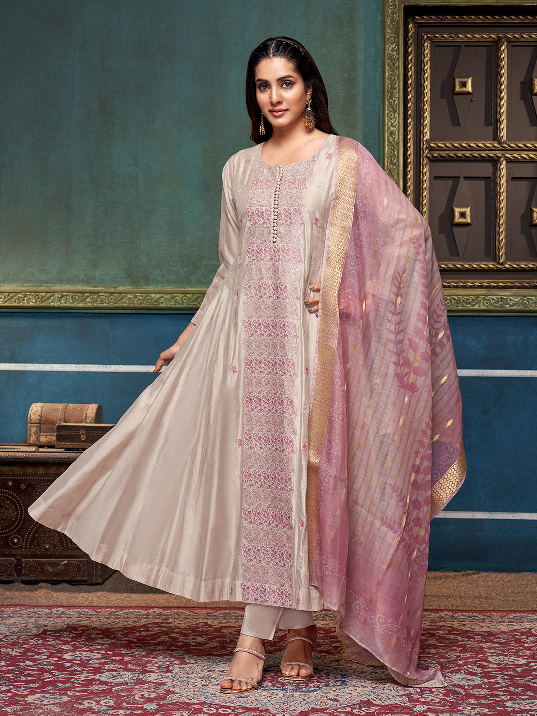 Beige Chanderi Anarkali Set