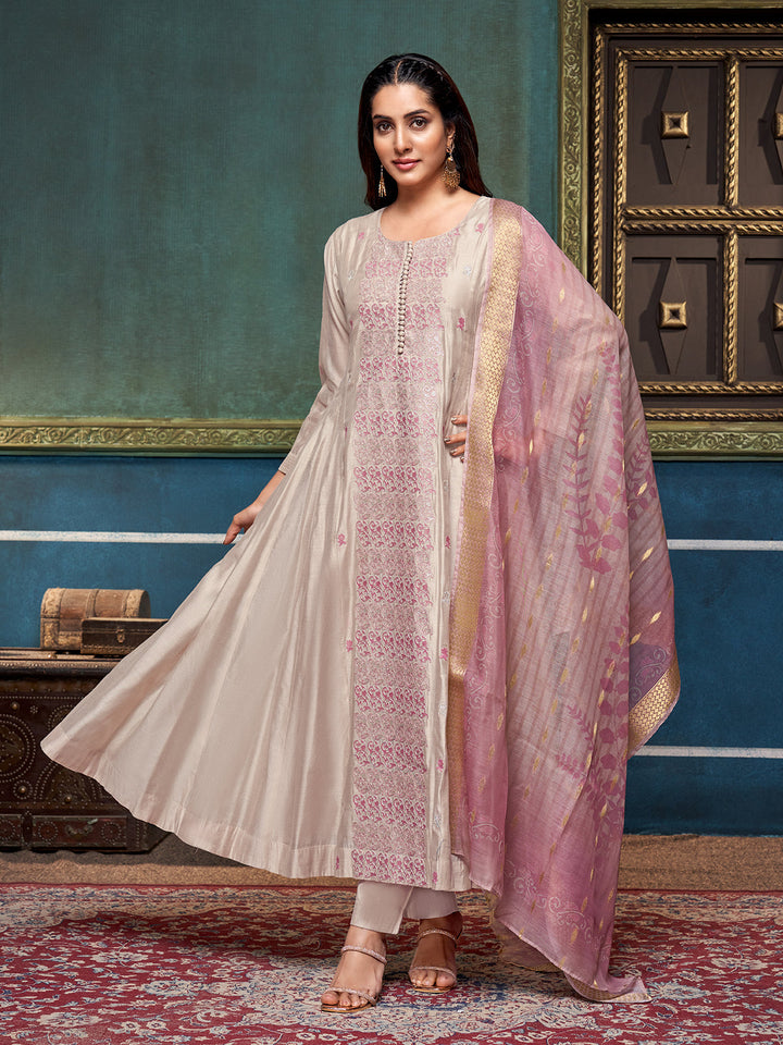 Beige Chanderi Anarkali Set