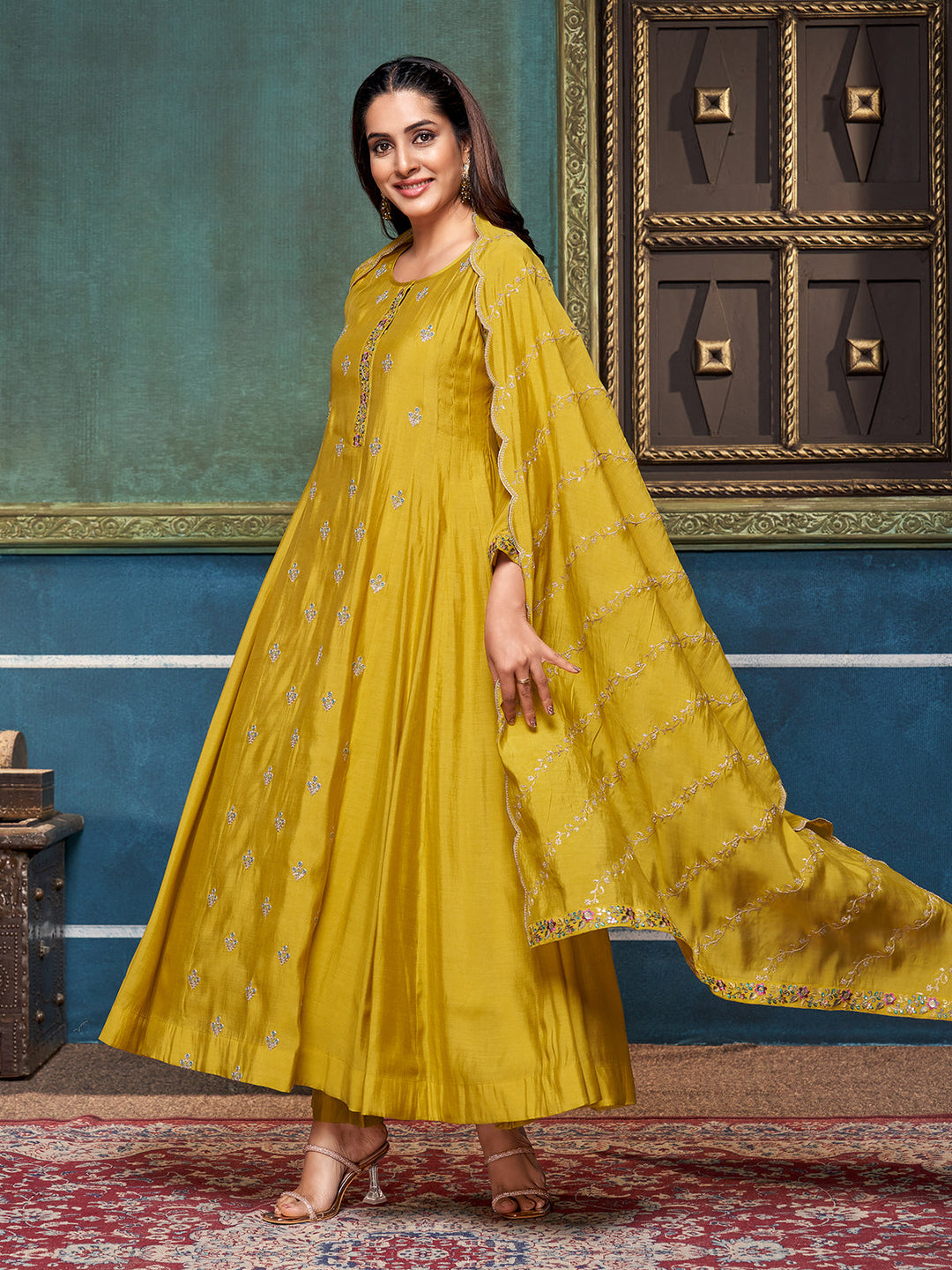 Yellow Chanderi Anarkali Set