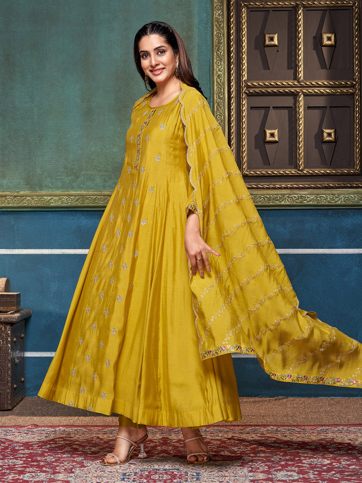 Yellow Chanderi Anarkali Set