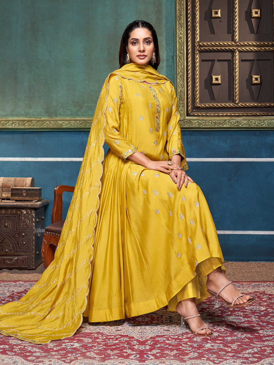 Yellow Chanderi Anarkali Set