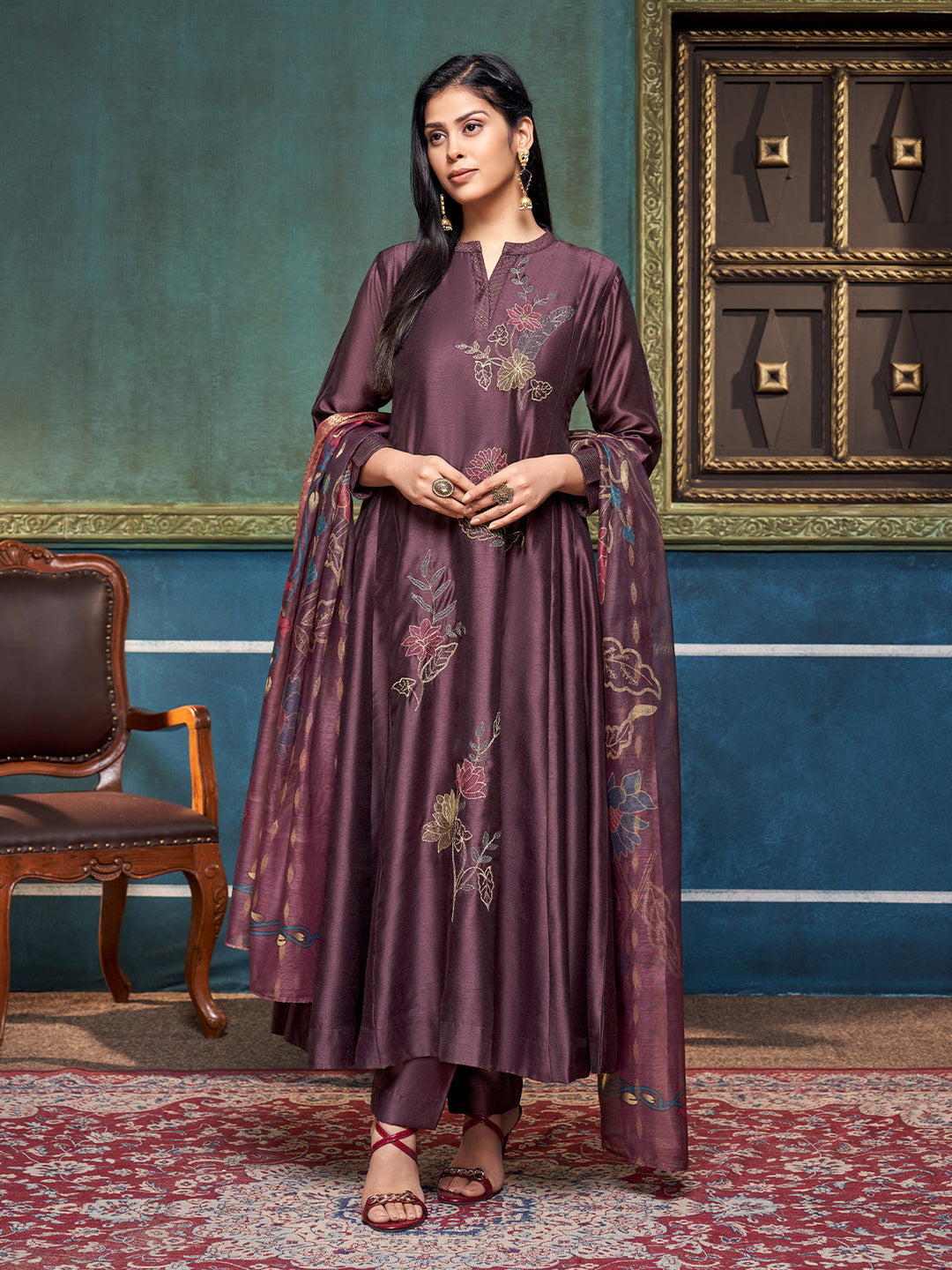 Wine Chanderi Anarkali Set