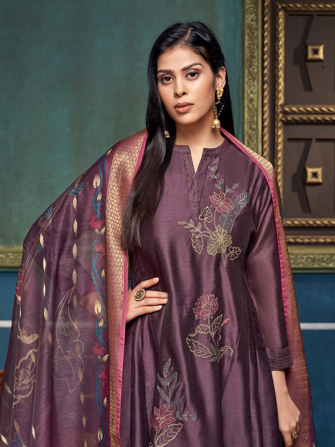 Wine Chanderi Anarkali Set