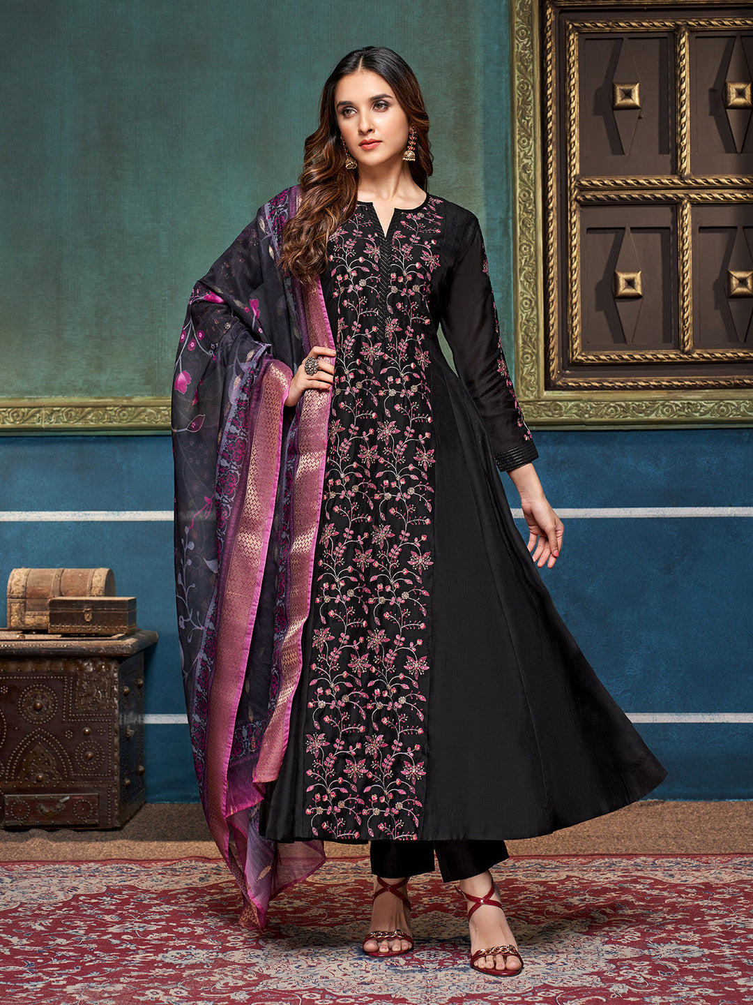 Black Chanderi Anarkali Set