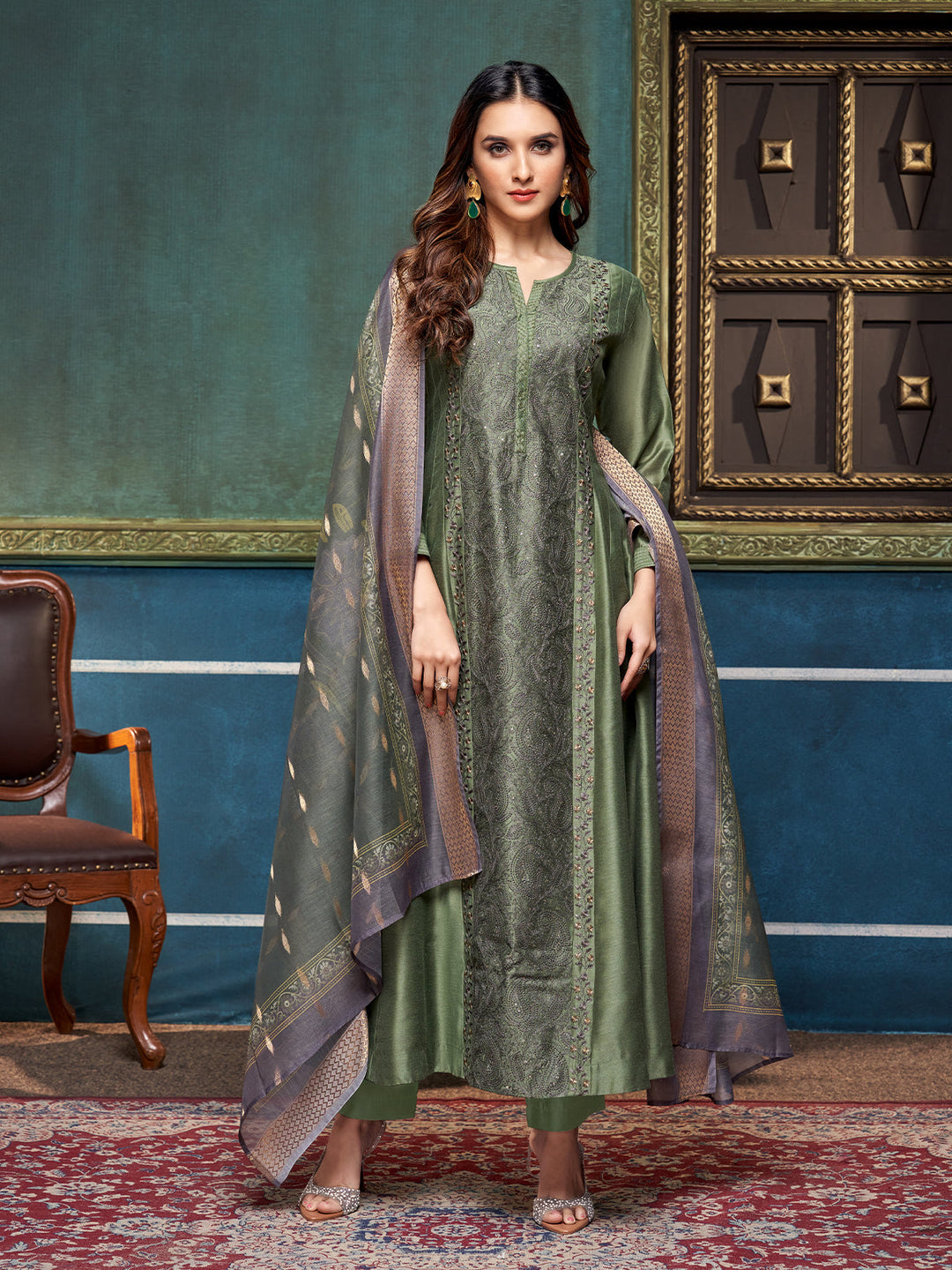 Green Chanderi Anarkali Set