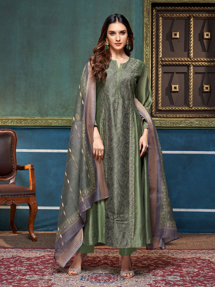 Green Chanderi Anarkali Set