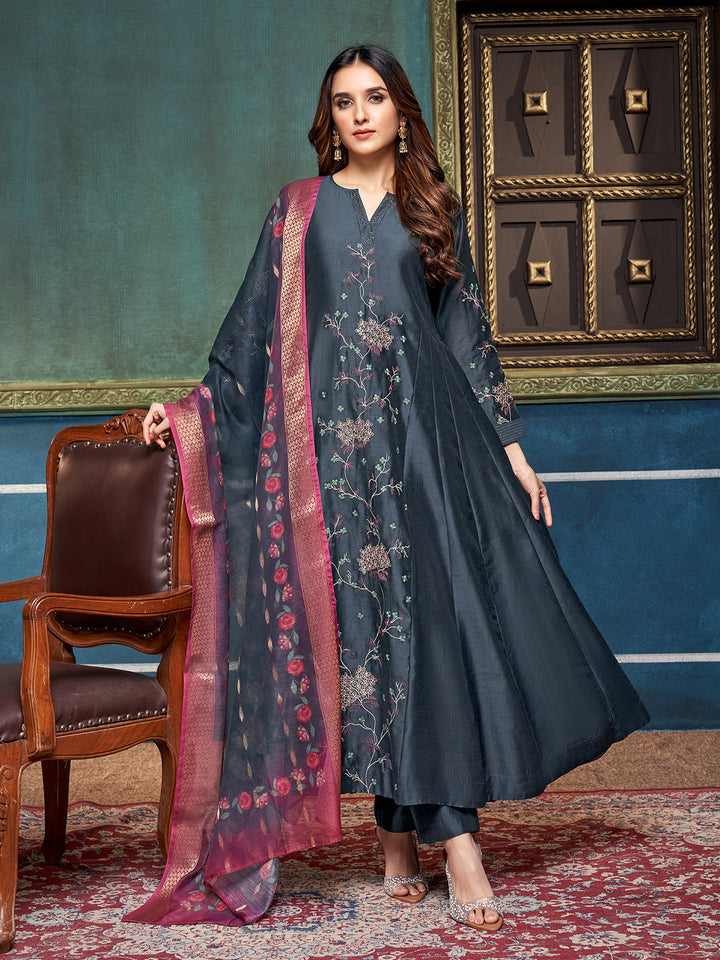 Blue Chanderi Anarkali Set