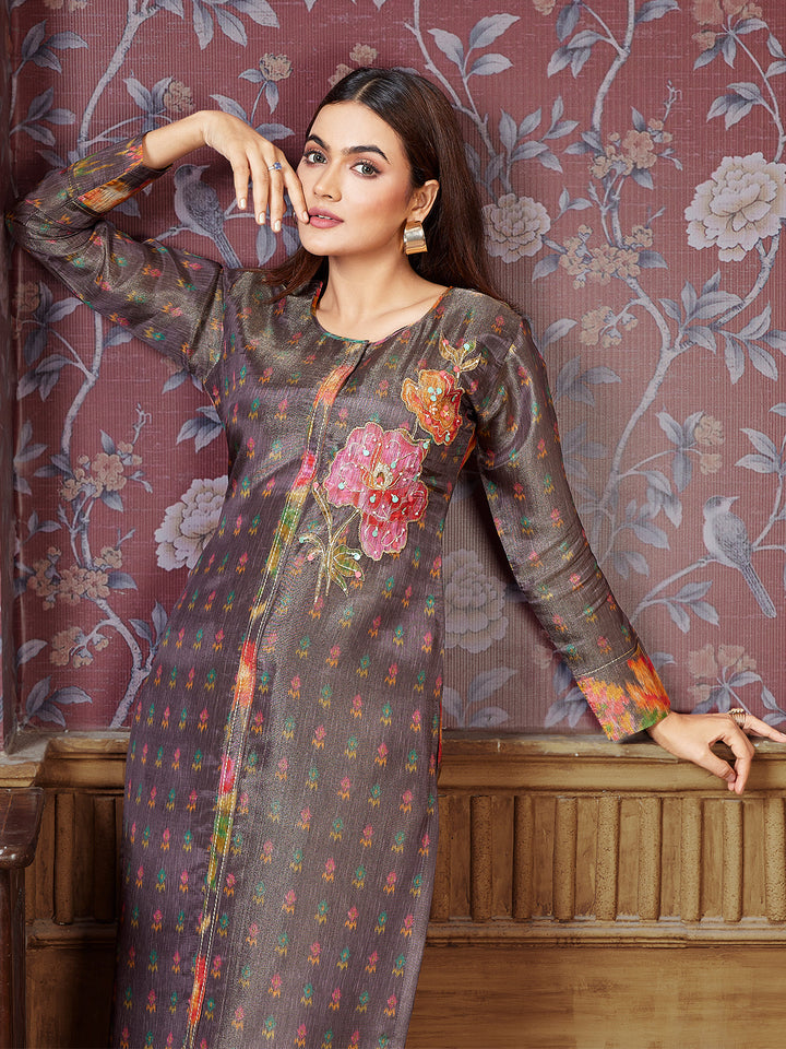 Grey Floral Tissue Silk Kurti