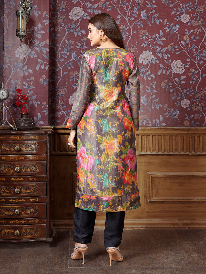 Grey Floral Tissue Silk Kurti