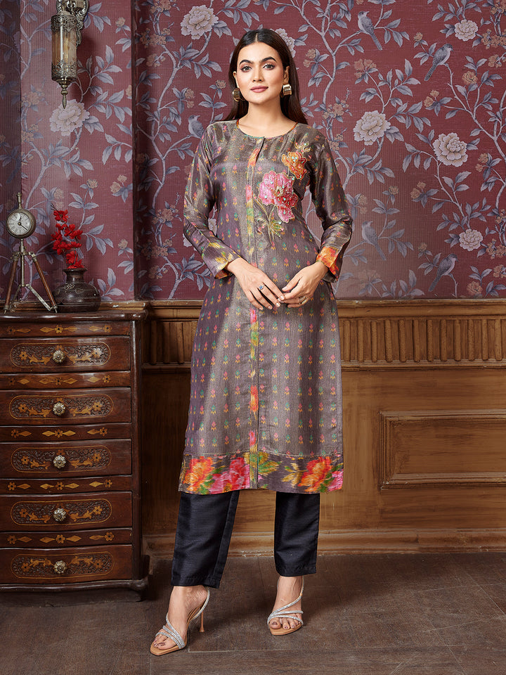 Grey Floral Tissue Silk Kurti