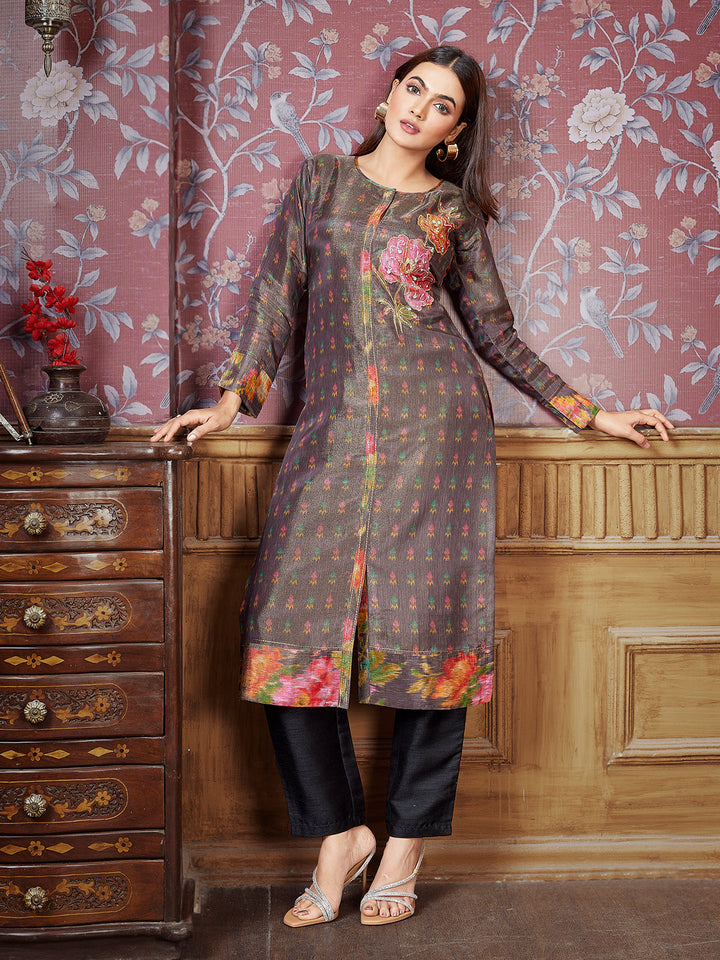 Grey Floral Tissue Silk Kurti
