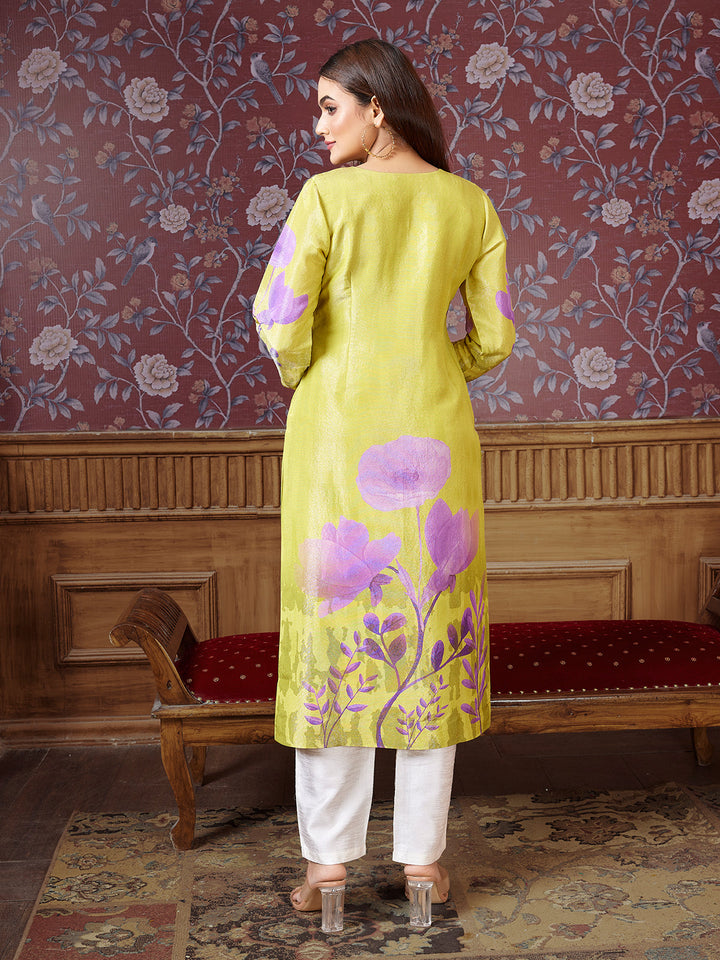Lime Yellow Tissue Silk Kurti