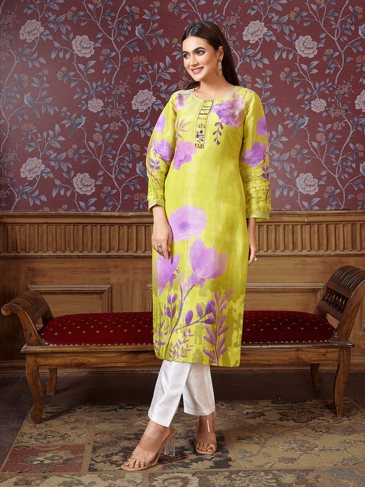 Lime Yellow Tissue Silk Kurti