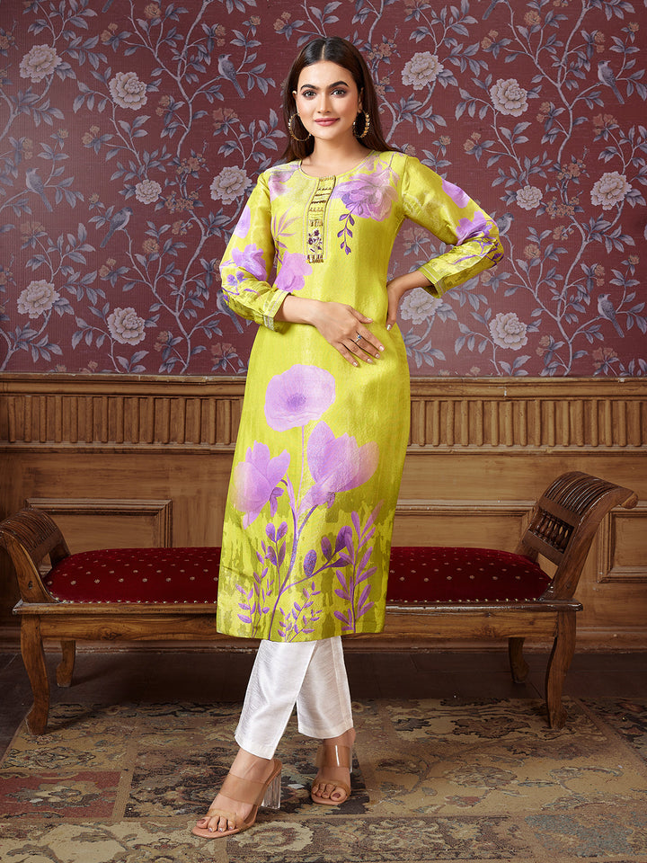 Lime Yellow Tissue Silk Kurti