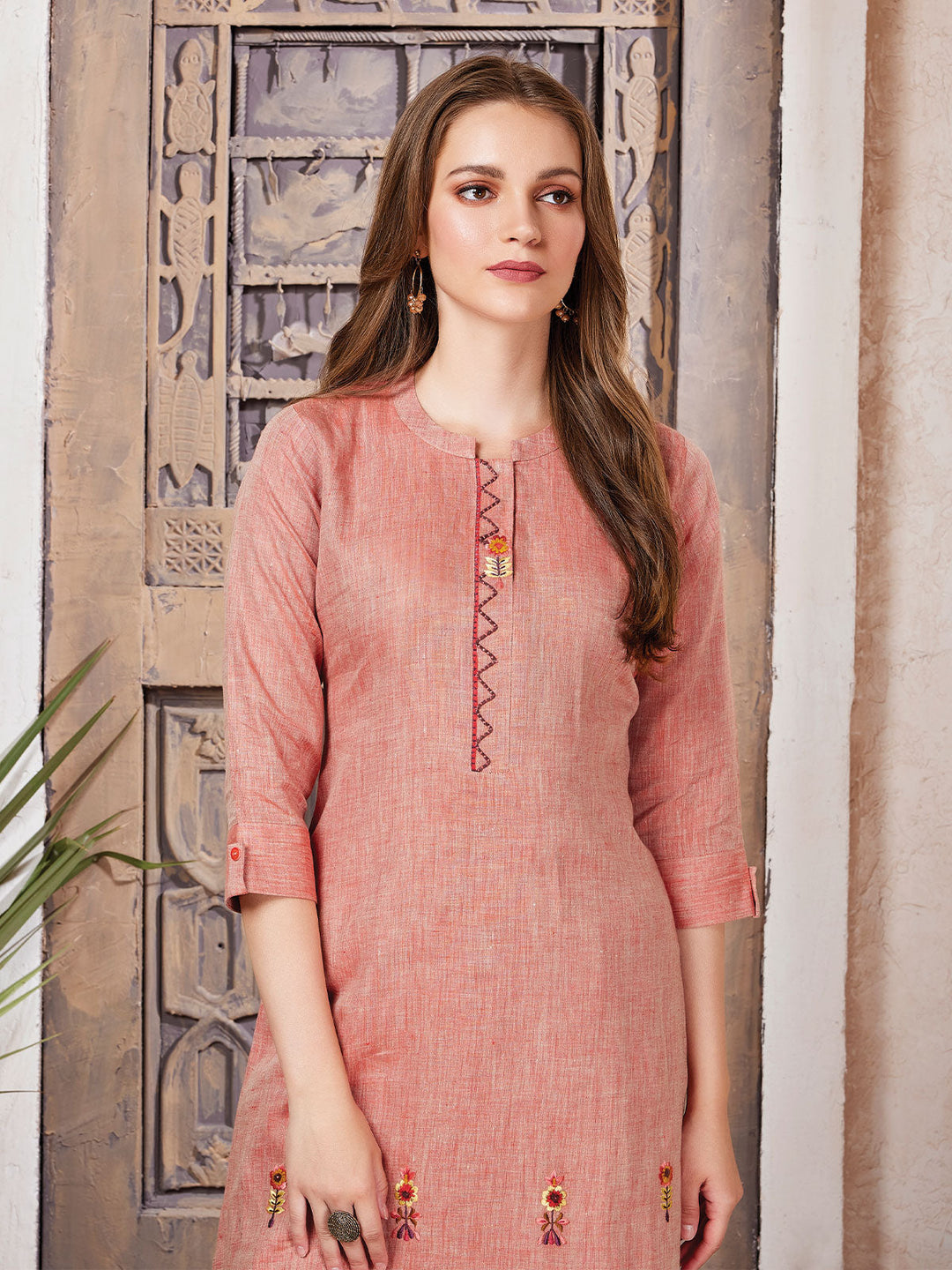 Peach Embroidered Linen Co-Ord Set