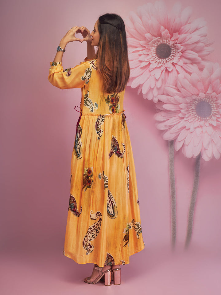 Yellow Paisley Print Midi-Dress