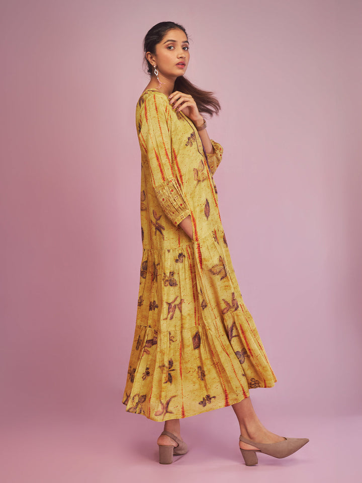 Yellow Leaf Print Midi-Dress