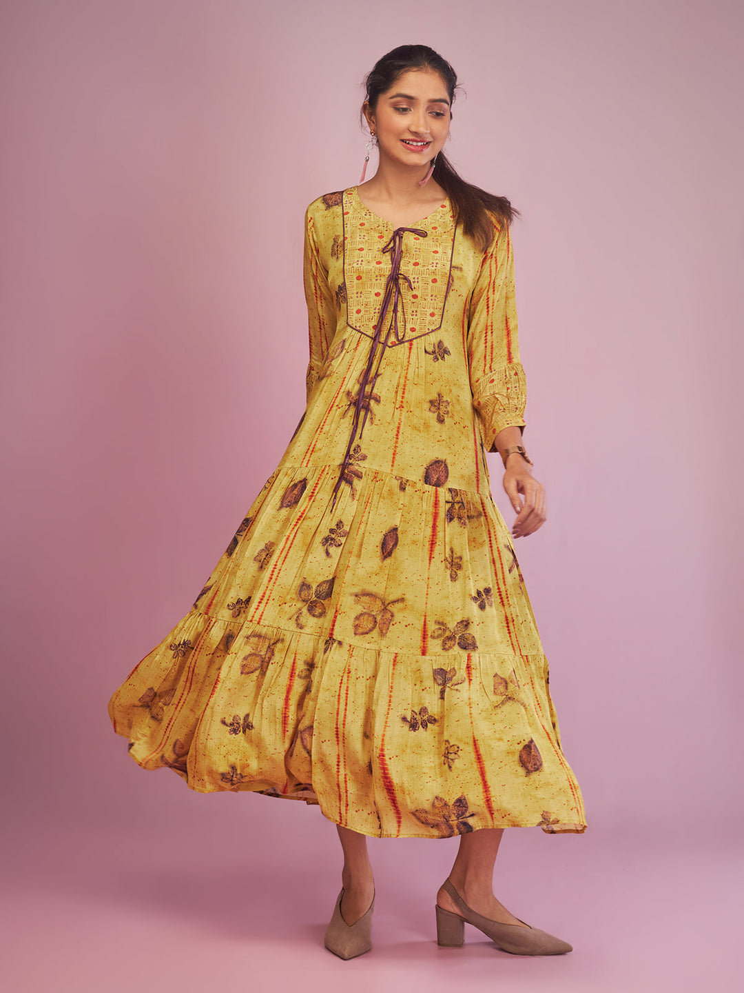 Yellow Leaf Print Midi-Dress
