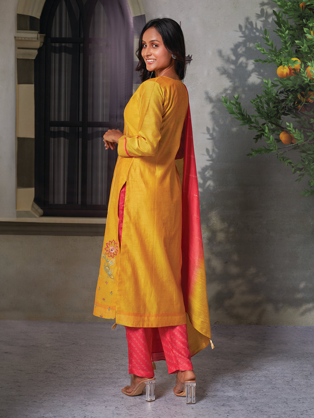 Yellow Floral Embroidered Chanderi Suit Set