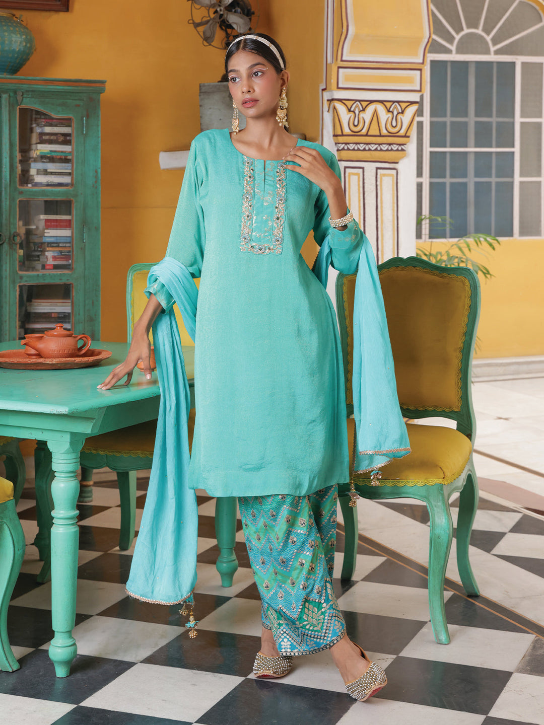 Turquoise Embroidered Kurta Set with Dupatta