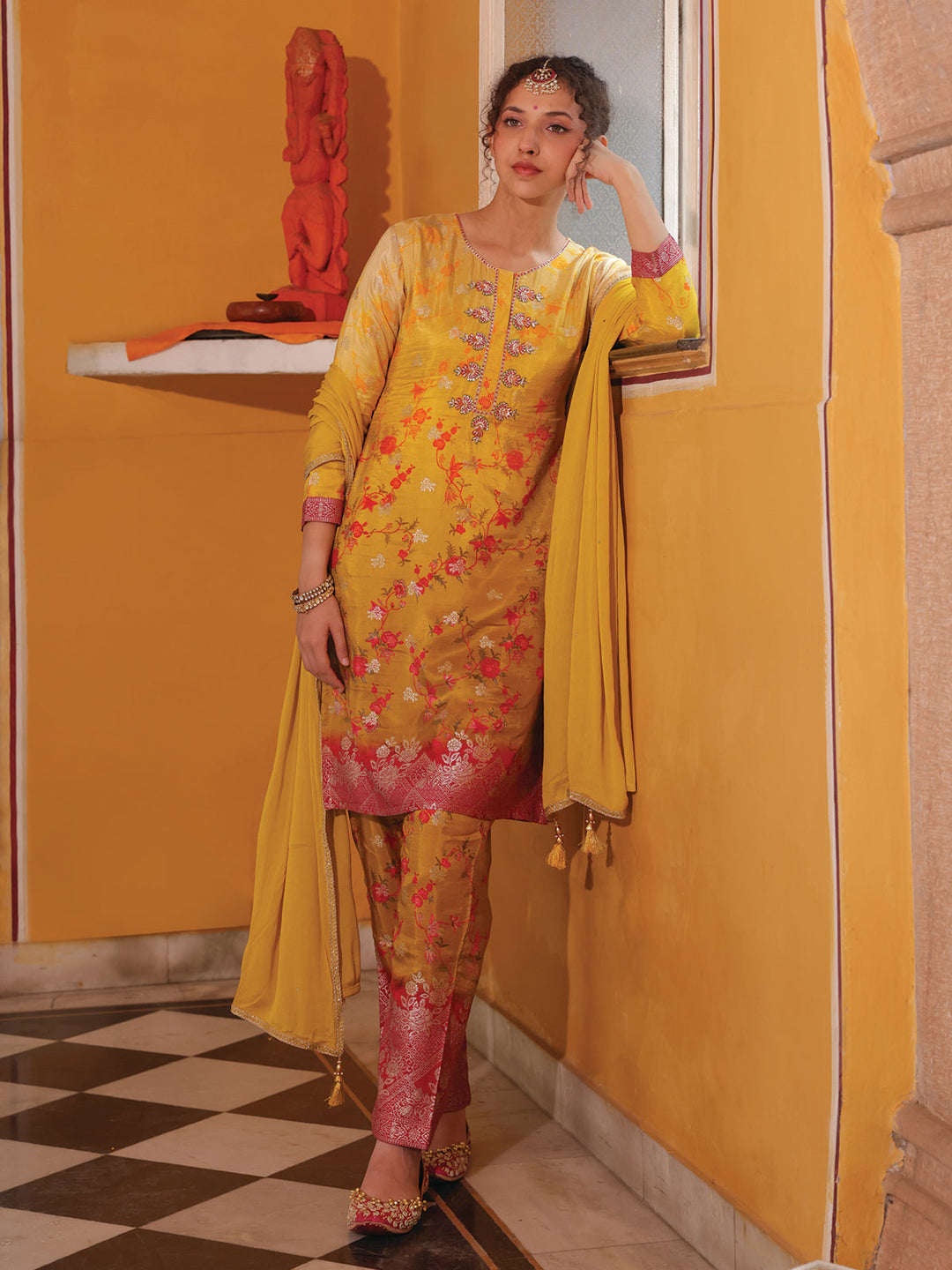 Yellow Shaded Jacquard Kurta Set with Dupatta