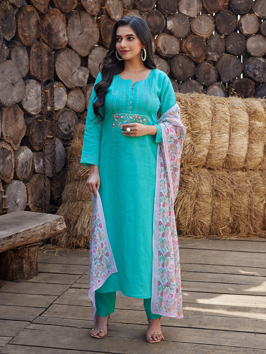 Turquoise Linen Kurta Set with Dupatta